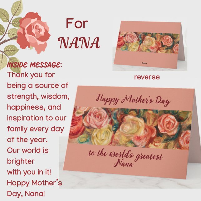 Carte 'Plus grande maman' Fleurs de roses personnalisées (A beautiful floral roses Mother's Day card for your special Nana (grandmother)! Customizable.)