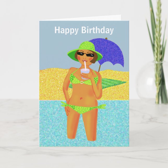 Carte Pneuka vert point bikini plage anniversaire fille (Devant)