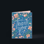 Carte Poche Lettré à la main Merci photo Floral bleu<br><div class="desc">Photo à l'intérieur : illustration originale et lettrage par Becky Nimoy "Merci" en blanc cursif sur bleu avec fleurs de pêche.</div>