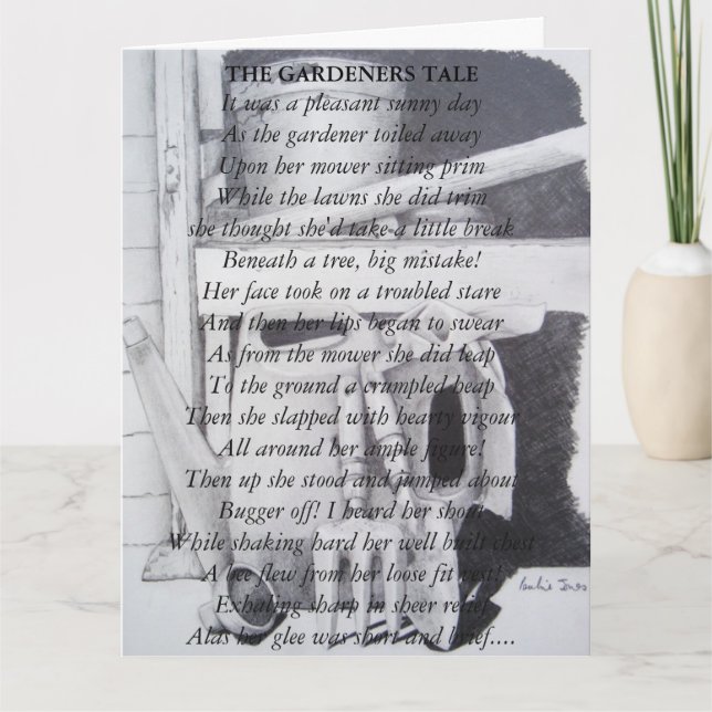 Carte Poème amusant et outils de jardin de la vie morte  (Devant)