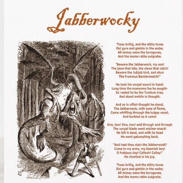 Carte Poème Jabberwocky de Lewis Carroll (Adder noir) (Lewis Carroll's fantastic Jabberwocky poem along with John Tenniel's drawing of the Jabberwock)