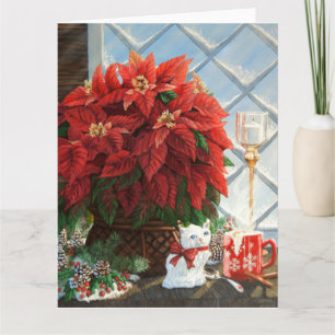 Carte Poinsettia d'hiver, chaton en céramique, oeuf de m