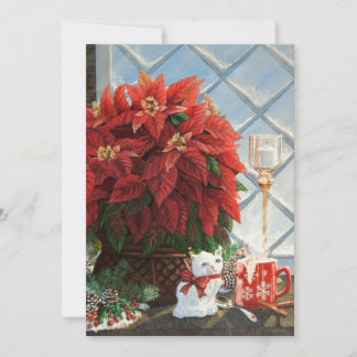 Carte Poinsettia d'hiver, chaton en céramique, oeuf de m