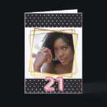 Carte Pois moderne bleu marine cadre or rose 21e<br><div class="desc">Célébrez votre 21e anniversaire avec ce design moderne et chic avec des pois en faux or sur bleu marine qui bordent le haut et le bas de la carte et encadrent un cadre photo géométrique en faux or carré. Les chiffres vingt un apparaissent dans un faux papier rose en bas...</div>