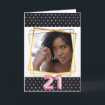 Carte Pois moderne bleu marine cadre or rose 21e<br><div class="desc">Célébrez votre 21e anniversaire avec ce design moderne et chic avec des pois en faux or sur bleu marine qui bordent le haut et le bas de la carte et encadrent un cadre photo géométrique en faux or carré. Les chiffres vingt un apparaissent dans un faux papier rose en bas...</div>