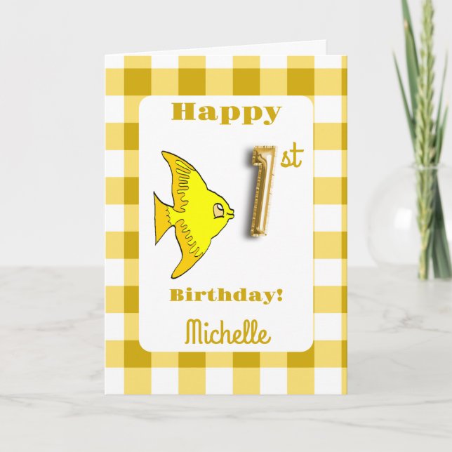 Carte Poisson et En vichy jaune Ballons Numéro 1er anniv (Devant)