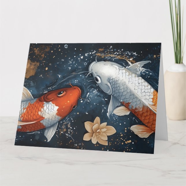 Carte Poisson Serene Koi avec fleurs Lotus (Devant)