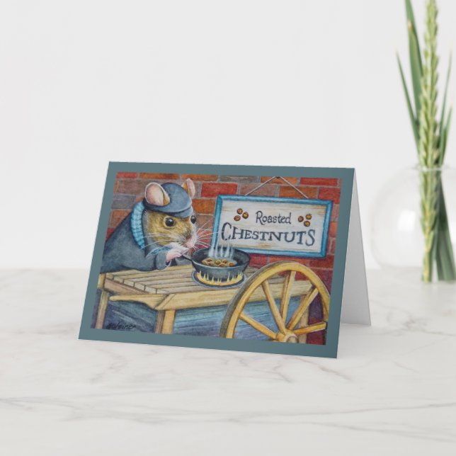 Carte Poitrine de Dickens Noël Souris Rôtissant Marrons  (Devant)