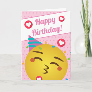 Carte Polka rose mignonne Dot Kiss Emoji Joyeux Annivers