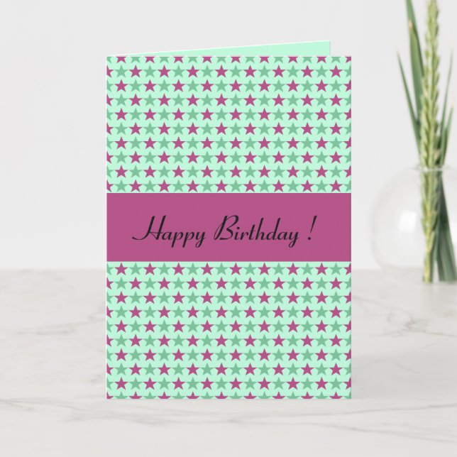 Carte Polka stars green rose cerise, customizable text (Devant)