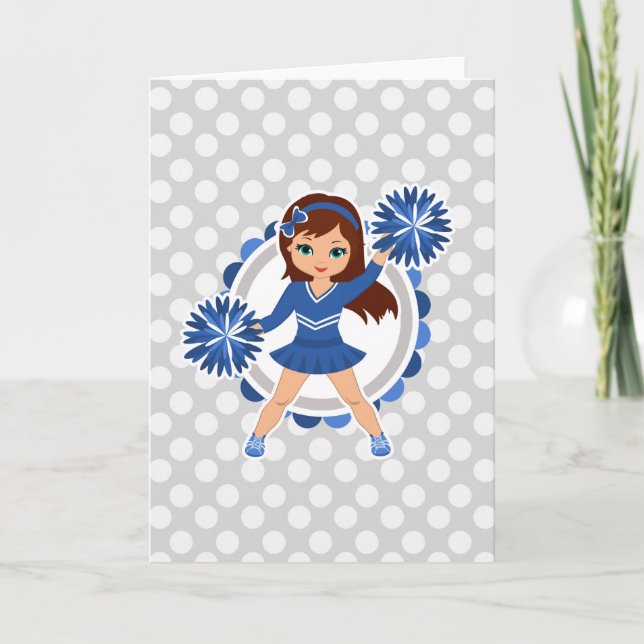 Carte Pom-pom girl Bleue Brunette - Mignonne Cheval (Devant)