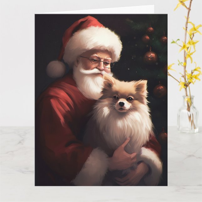 Carte Pomeranian avec le Père Noël Festif Noël  (Fleur jaune)