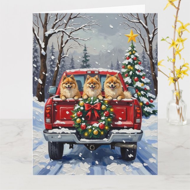 Carte Pomeranian Christmas Red Truck Holiday Gift (Fleur jaune)