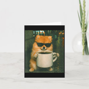 Carte Pomeranian drôle buvant du café mème rétro urbain
