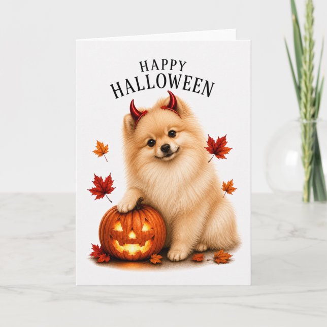 Carte Pomeranian Halloween Diable Chien (Devant)