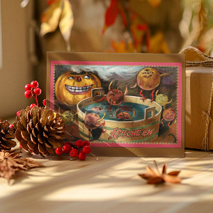 Carte Pommes Halloween Vintage sautant dans un tonneau