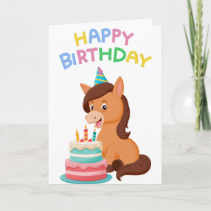 Carte Poney Mignon et Anniversaire avec Gâteau