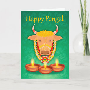 Carte Pongal heureux, avec la vache et les bougies