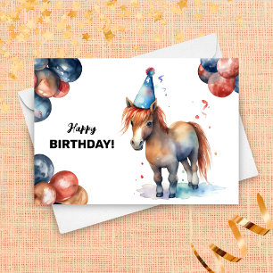 Carte Pony avec ballons et Casquette de fête mignonne An