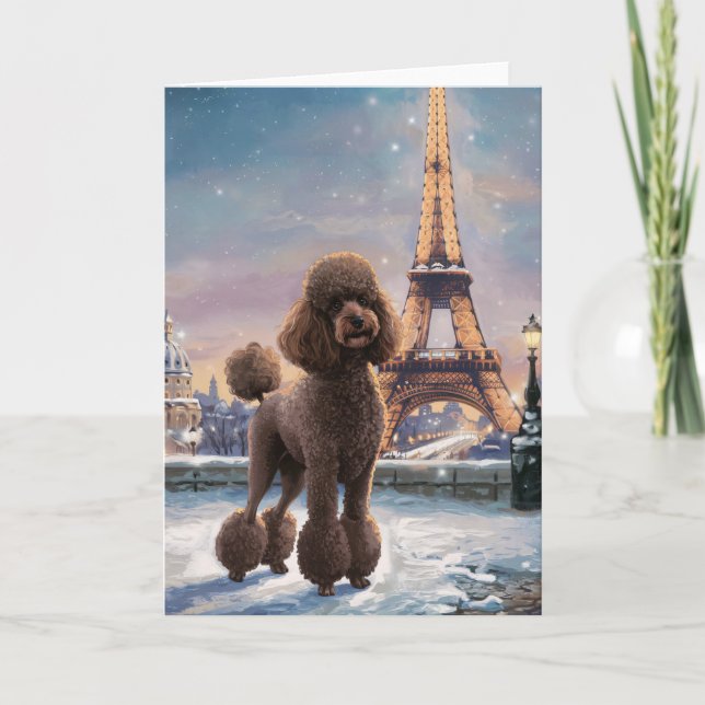 Carte Poodle Brun Hiver à Paris Peinture d'Art (Devant)