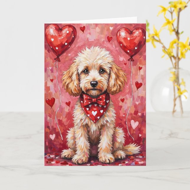 Carte Poodle Saint-Valentin Chien aux Cœurs Rouge (Fleur jaune)