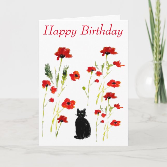 Carte Poppy Cute Chat noir Floral (Devant)