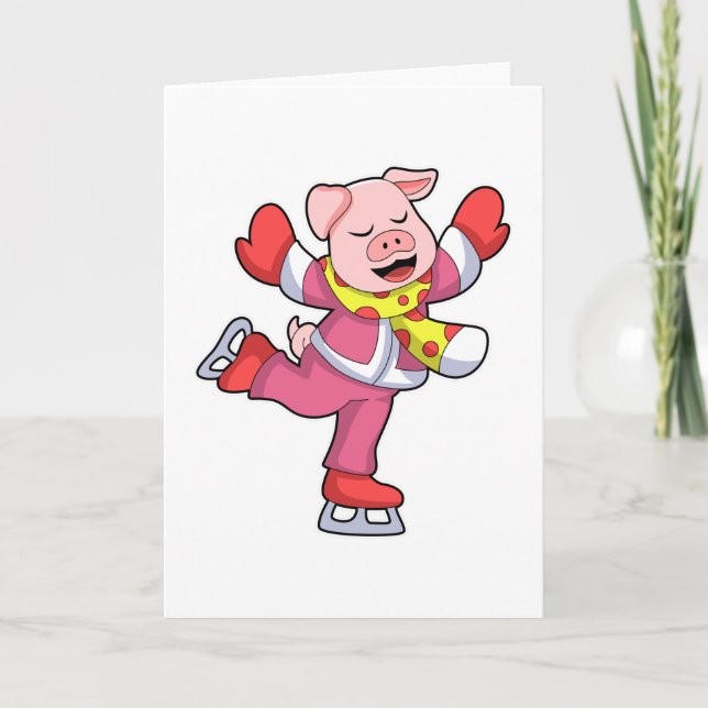 Carte Porc au patinage artistique avec patins à glace (Devant)