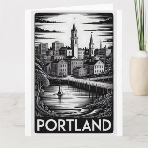 Carte Portland Maine Skyline Noir Blanc Gravure sur Bois