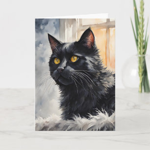Carte Portrait à l'aquarelle de chat noir derrière une f