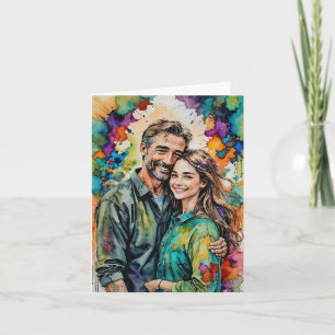 Carte Portrait aquarelle de père et fille – Coloré