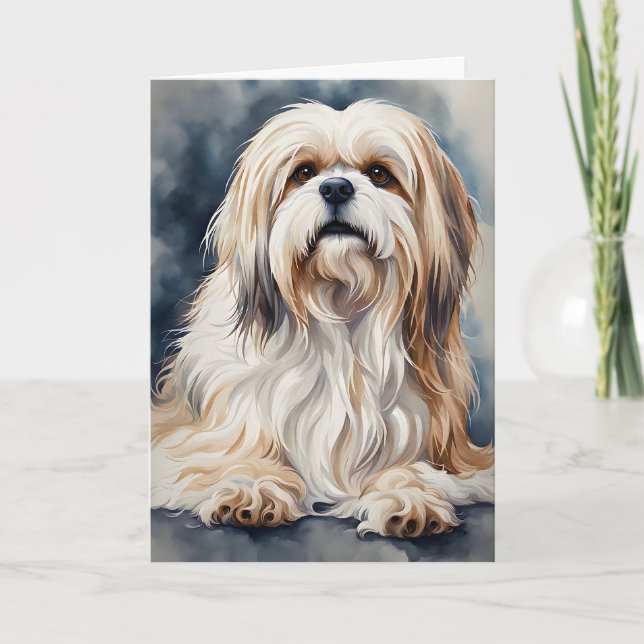 Carte Portrait aquarelle doux chien Shih Tzu sur fond bl (Devant)