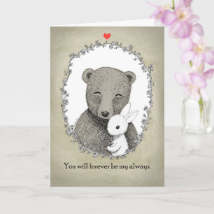 Carte Portrait d'amour d'ours et de lapin Pour toujours