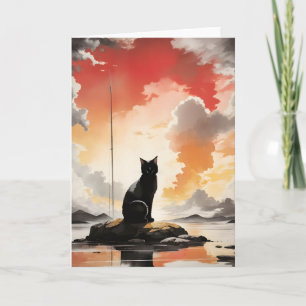Carte Portrait de chat noir à l'aquarelle sur une roche 