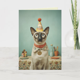Carte Portrait de chat siamois vintage avec chapeau de f