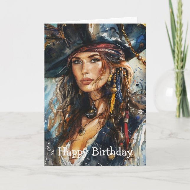 Carte Portrait de femme pirate à l'aquarelle (Devant)