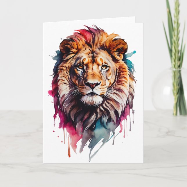 Carte Portrait d'un lion mâle à l'aquarelle éclaboussé s (Devant)