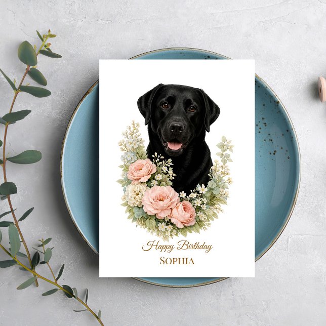 Carte Portrait floral de Labrador noir (Créateur téléchargé)