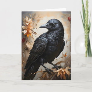 Carte Portrait majestueux d'un corbeau noir Fleurs Lune 