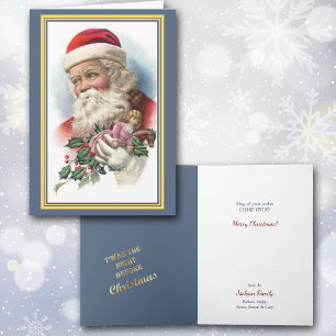 Carte Portrait Père Noël vintage avec jouets et Holly