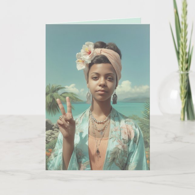 Carte Portrait Tropical avec geste de signe de paix (Devant)