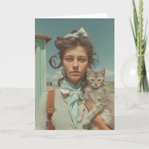 Carte Portrait Vintage d'une Fille Tenant un Chaton