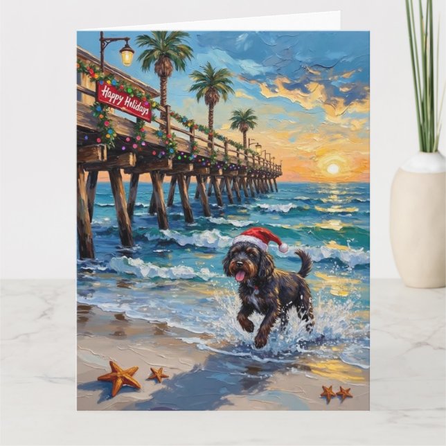 Carte Portuguese Water Dog Christmas Beach Boardwalk (Devant)
