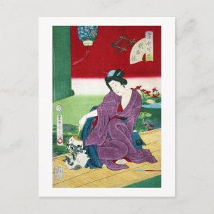 Carte Postale 猫 と 女, 国 周 Chat et Femme, Toyohara Kunichika, Ukiy