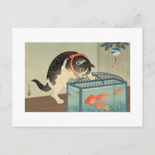 Carte Postale 猫 と 金 魚, 古 Cat & Goldfish, Koson, Ukiyo-e