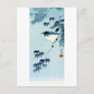 Carte Postale 青い鳥, oiseau de 古邨 dans le bleu, Koson, Ukiyo-e
