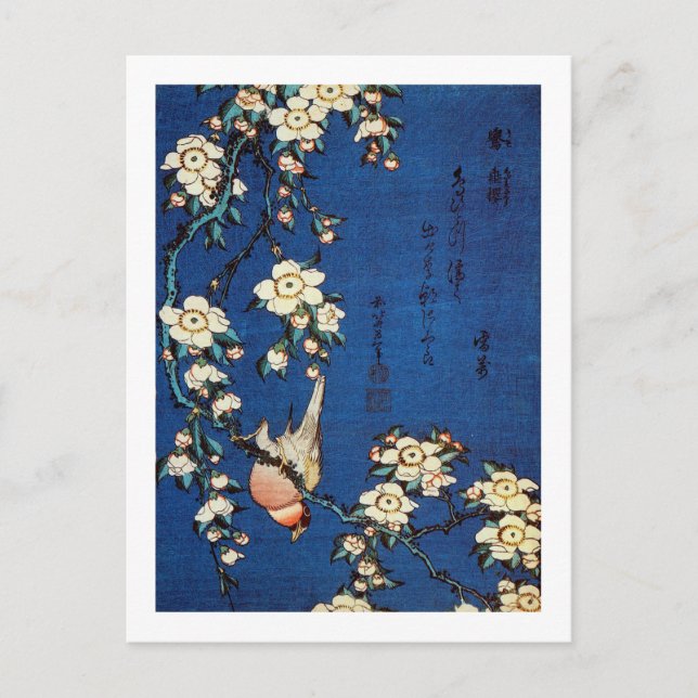 Carte Postale 鳥 と 枝 桜, 北 斎 Oiseaux et Cerisier à pleurs, Hokusai (Devant)