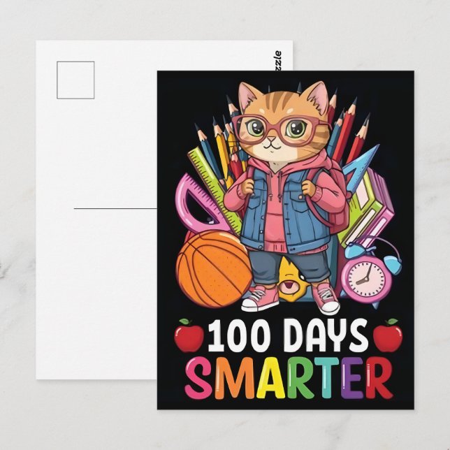 Carte Postale 100 Jours d'école mignonne Chat Kitten Filles Enfa (Devant / Derrière)