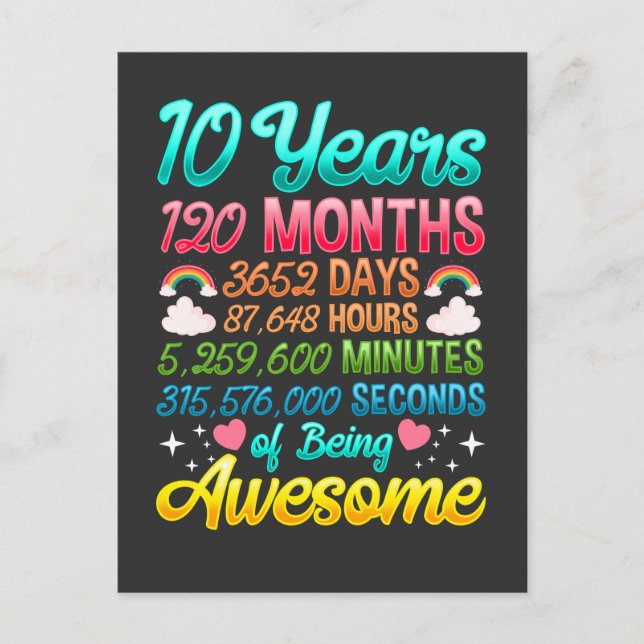 Carte Postale 10 Ans 120 Mois 10e Anniversaire Fête Arc en ciel (Devant)