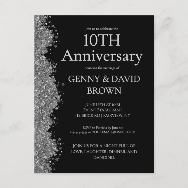 Carte Postale 10e Anniversaire de Mariage Faux Paillettes d'Arge (Devant)