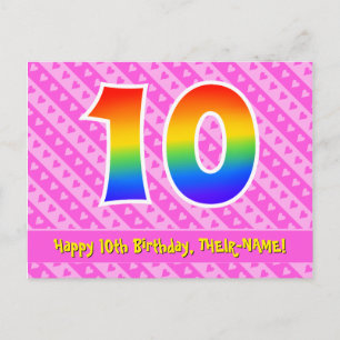 Carte Postale 10e anniversaire : Pink Stripes & Hearts, Rainbow 